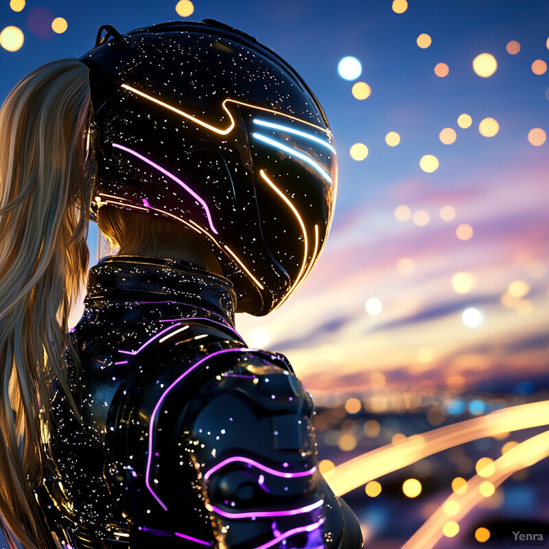 A woman in a futuristic space suit standing on a planet's surface at night