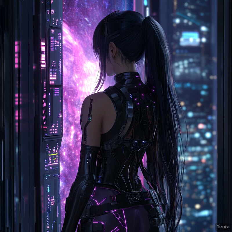 A woman with long black hair gazes out at a stunning celestial landscape from a futuristic window.