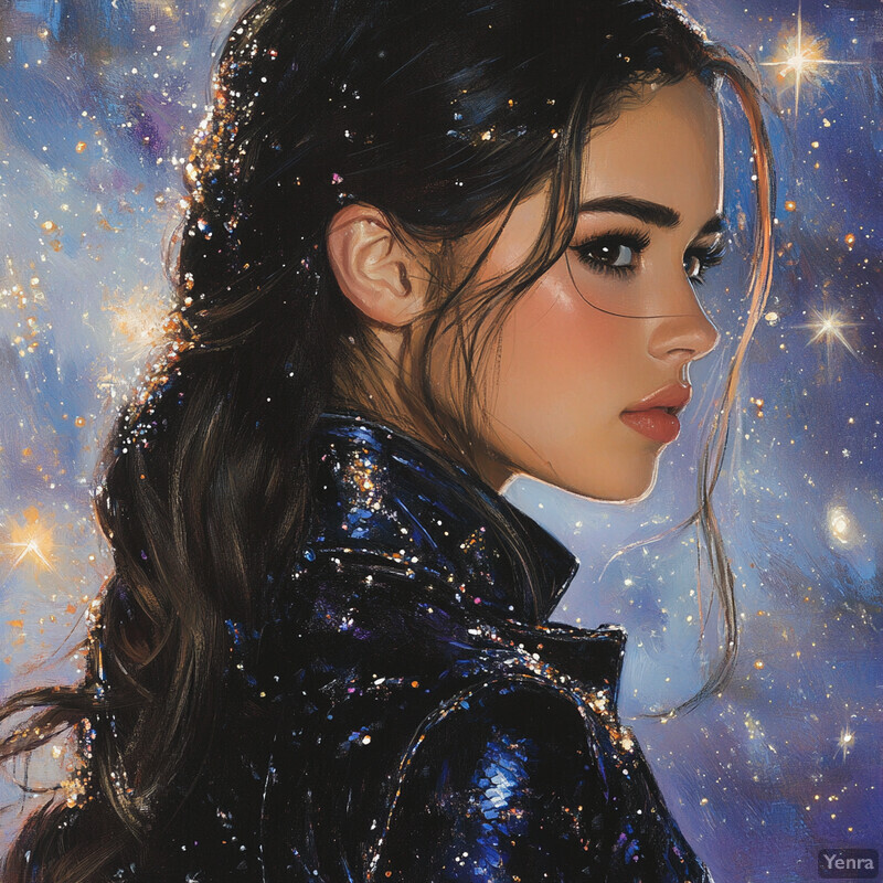 A woman with long dark hair and a sparkling blue jacket gazes over her left shoulder towards the right side of the frame, set against a starry night sky backdrop.