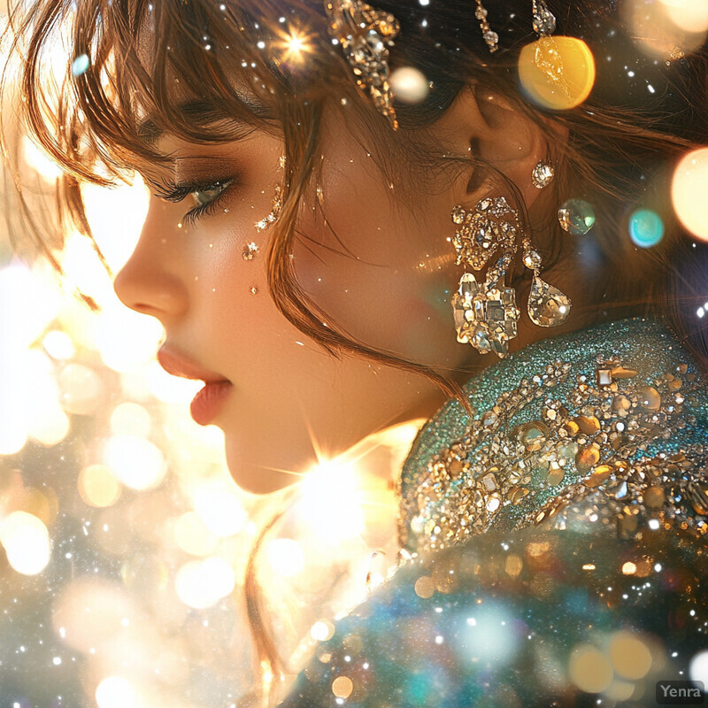 A close-up portrait of a woman adorned with jewels and set against a blurred cityscape