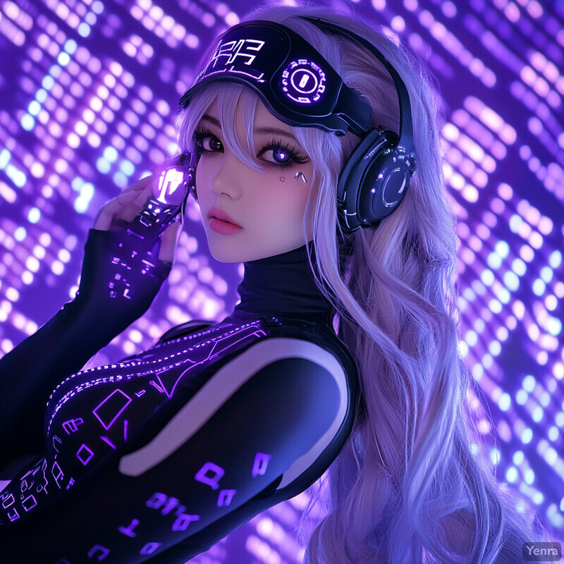 A woman with long white hair wears a futuristic black bodysuit and headband with glowing neon patterns, accompanied by matching earphones in a setting that blends technology and fantasy.