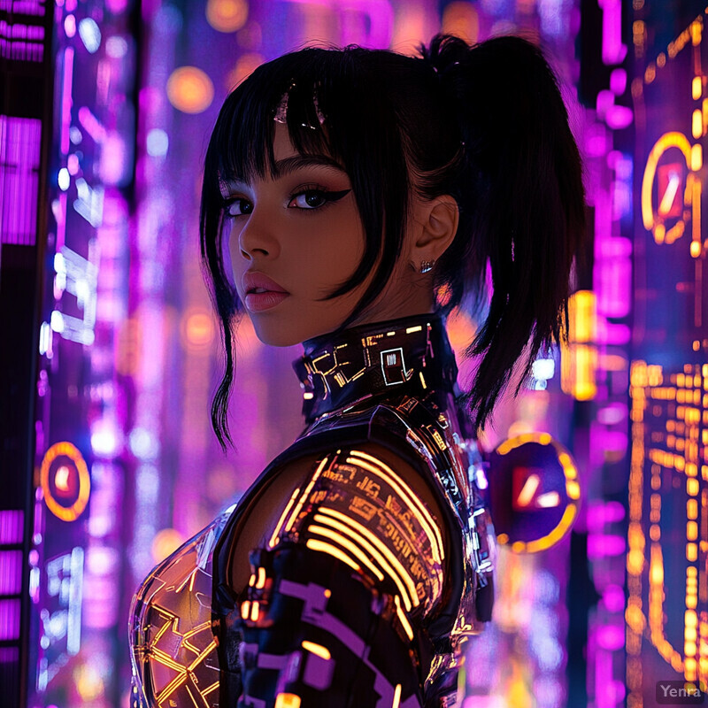 A woman in a futuristic outfit with glowing lights stands in front of a colorful background.