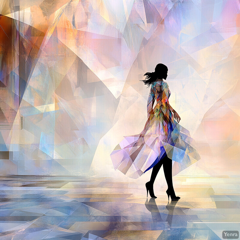 A woman with long hair in motion, wearing an iridescent dress or skirt, set against an abstract background