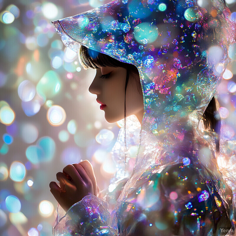 A woman wearing an iridescent cloak with multicolored bubbles looks down at something in front of her.