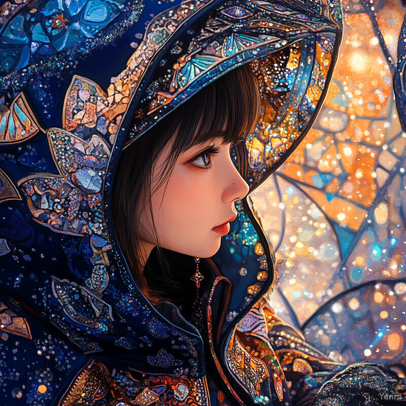 A woman with long dark hair and bangs wears an intricately patterned hooded cloak or shawl, gazing towards the right side of the image.