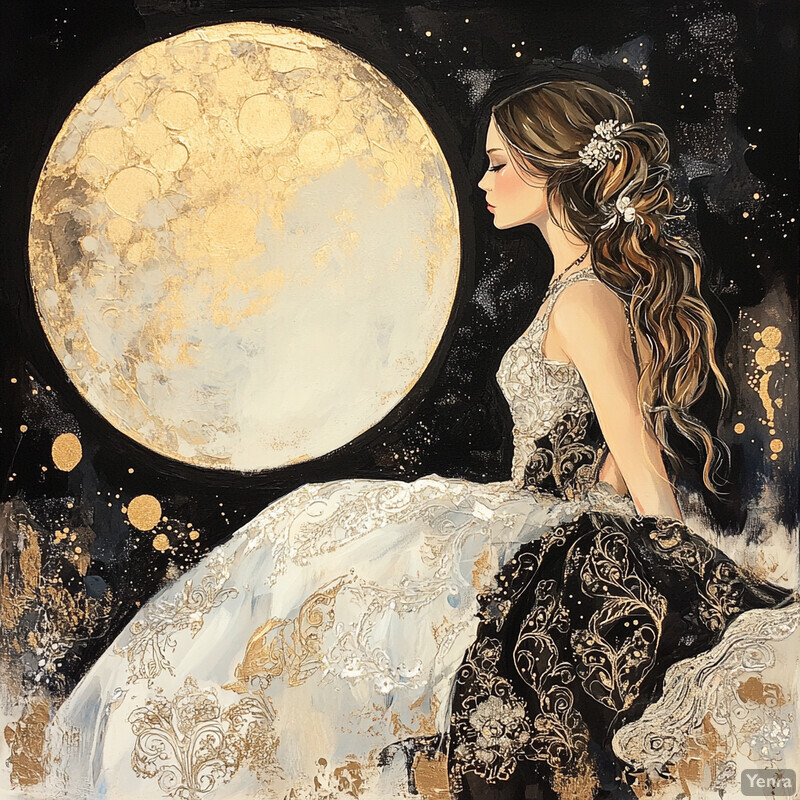 A woman gazes at the moon in a serene and enchanting scene.