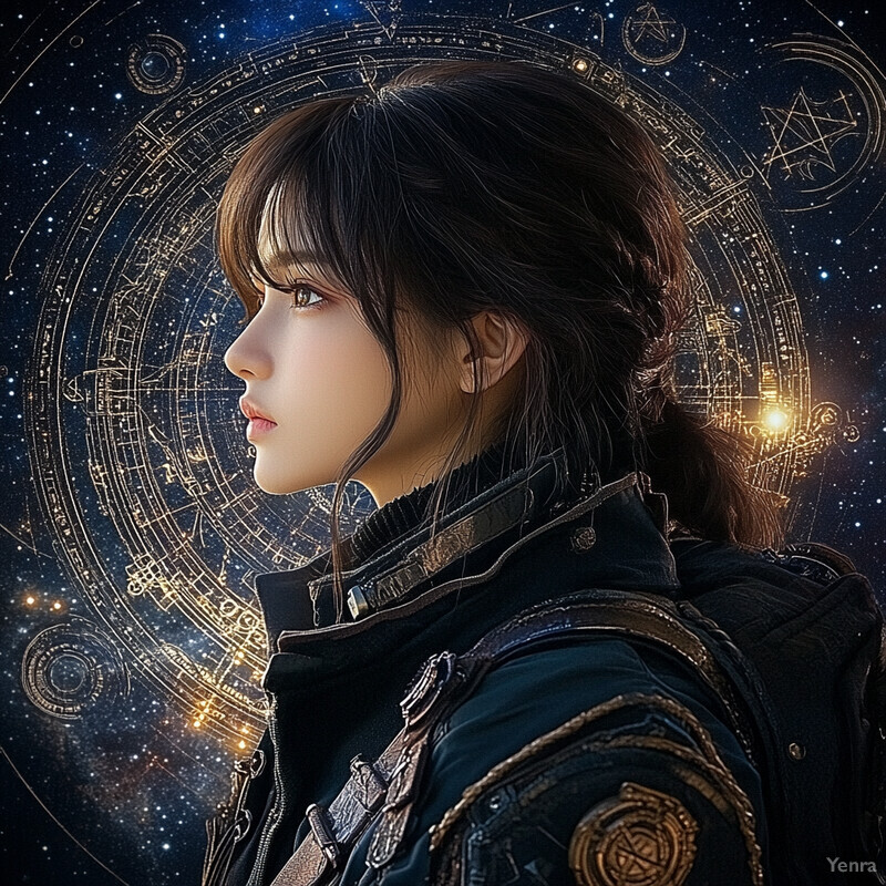 A woman with long brown hair gazes into the distance against a starry night sky, wearing a dark blue jacket with intricate gold embroidery.