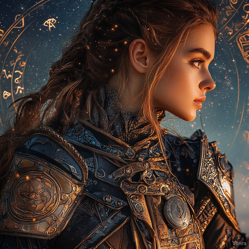 A woman in ornate armor gazes off into the distance against a starry night sky.