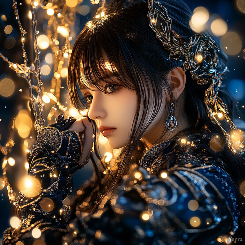 A young woman with dark hair and bangs, adorned in intricate gold jewelry, surrounded by soft, warm light.