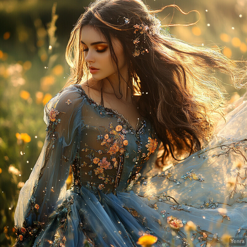 A woman stands in a field of yellow flowers, wearing a flowing dress with a floral pattern.