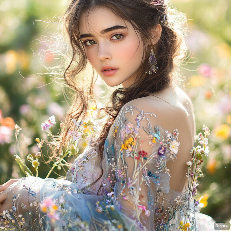 A young woman in a white dress with floral embroidery sits amidst a field of wildflowers, exuding confidence and poise.