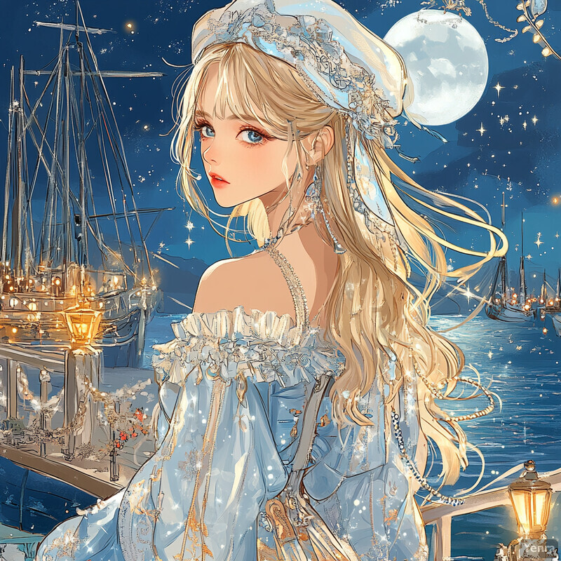 A serene nighttime scene featuring a woman in an off-the-shoulder dress on a dock overlooking sailboats