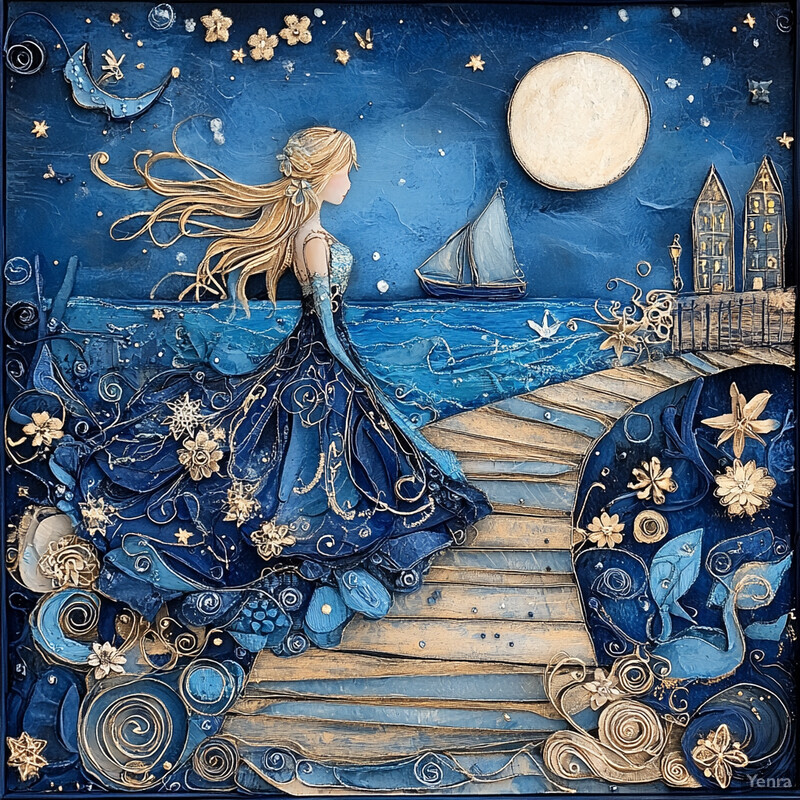 A woman walks on a wooden bridge under a full moon, surrounded by flowers and butterflies.