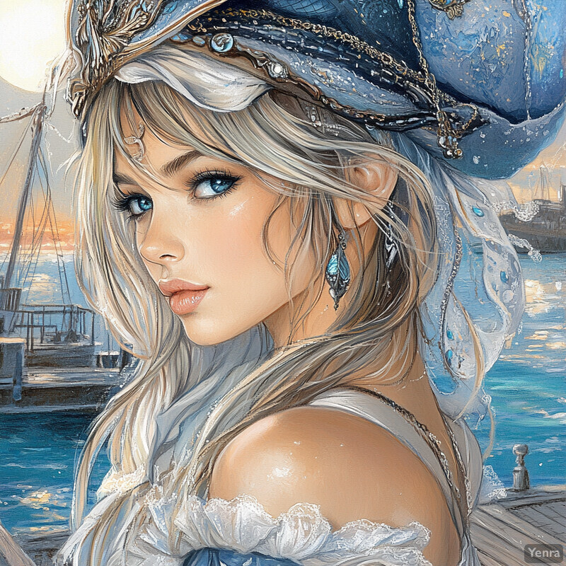 A woman with long hair and a blue hat stands by a body of water, exuding serenity and mystery.