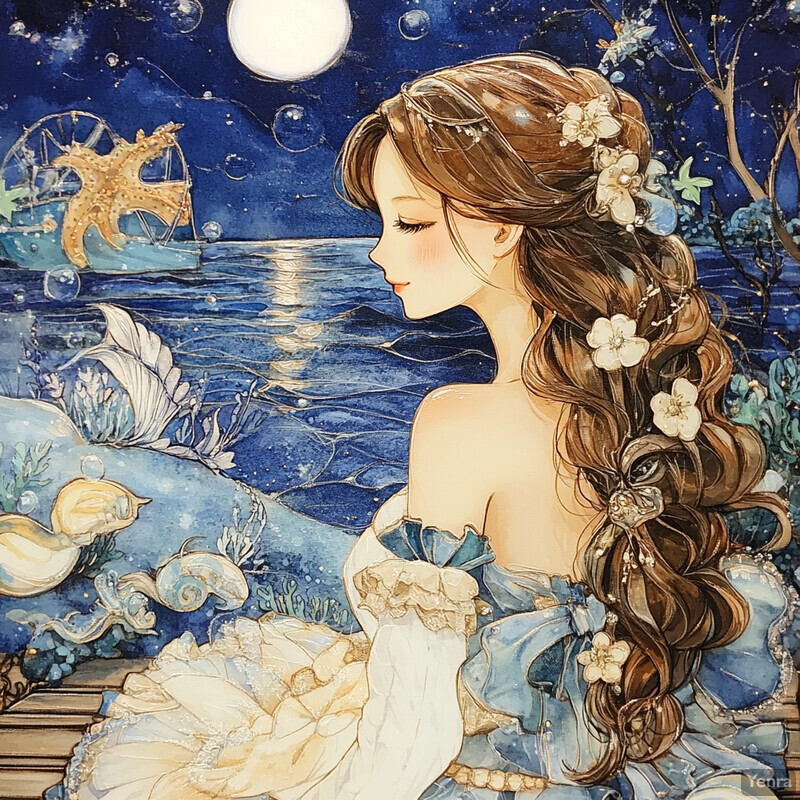 A woman with long brown hair adorned with flowers gazes at the ocean under a full moon.