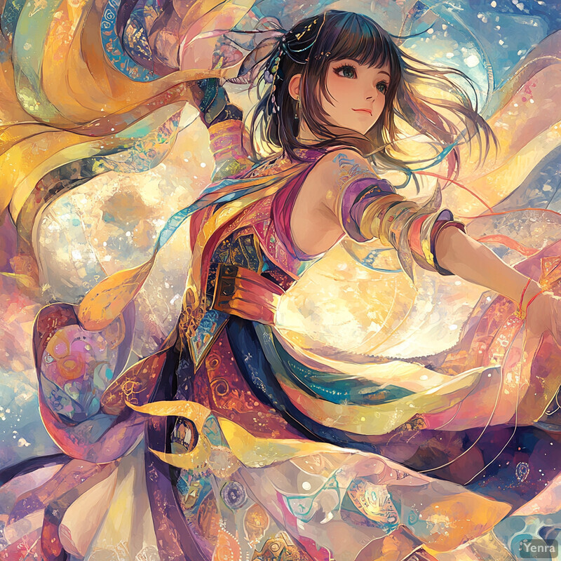 A young woman in a colorful dress with intricate patterns and designs, set against a soft, dreamy landscape.