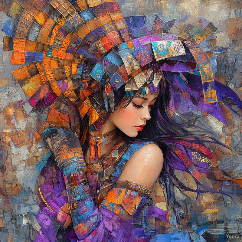 Abstract painting of a woman with long purple hair and vibrant headdress