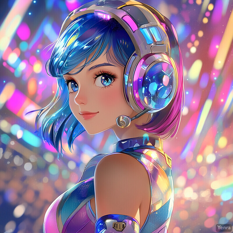 A cartoon-style illustration of a woman with blue hair and headphones