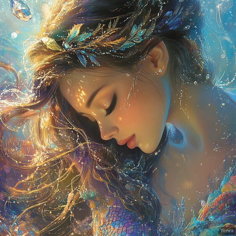 A serene and mystical scene of a mermaid surrounded by an underwater world teeming with life.