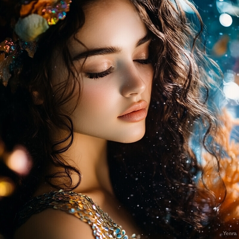 A woman with long brown hair and a seashell-adorned headpiece is captured in a portrait, conveying serenity and elegance.