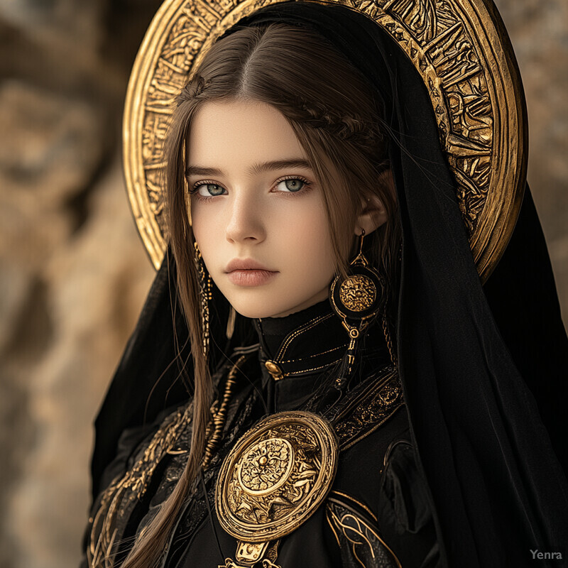 A young girl dressed in black and gold attire, likely participating in a historical reenactment or costume event.