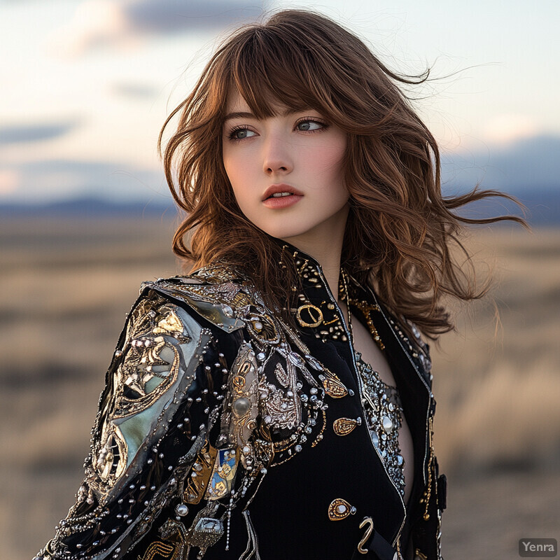 A woman in a black jacket with gold embroidery poses in an outdoor setting.