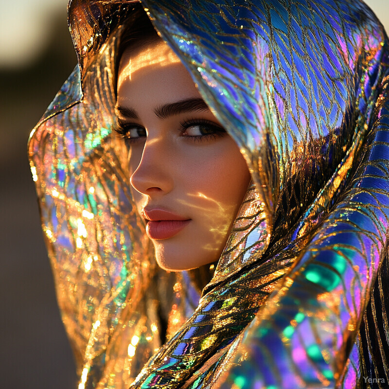 A woman with long brown hair and dark eyes wears a blue headscarf with gold embroidery, gazing to the left.