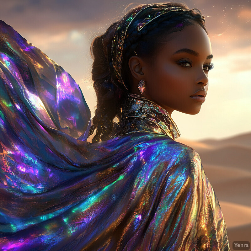 A woman with dark skin and long black hair is wearing an iridescent garment and large earrings, posing in front of hills or mountains on a cloudy day.