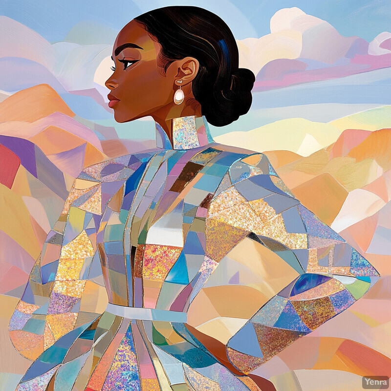 A woman in a mosaic-patterned dress stands against a serene landscape backdrop.