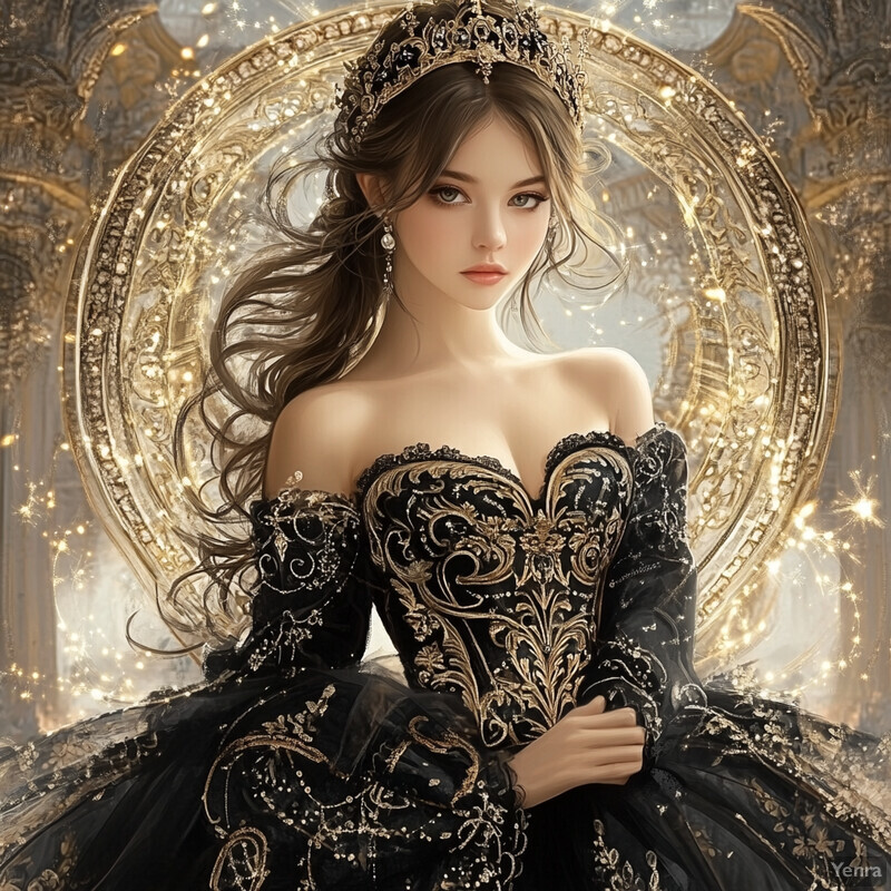 A young woman in a black and gold gown stands before an ornate mirror, exuding elegance and refinement.