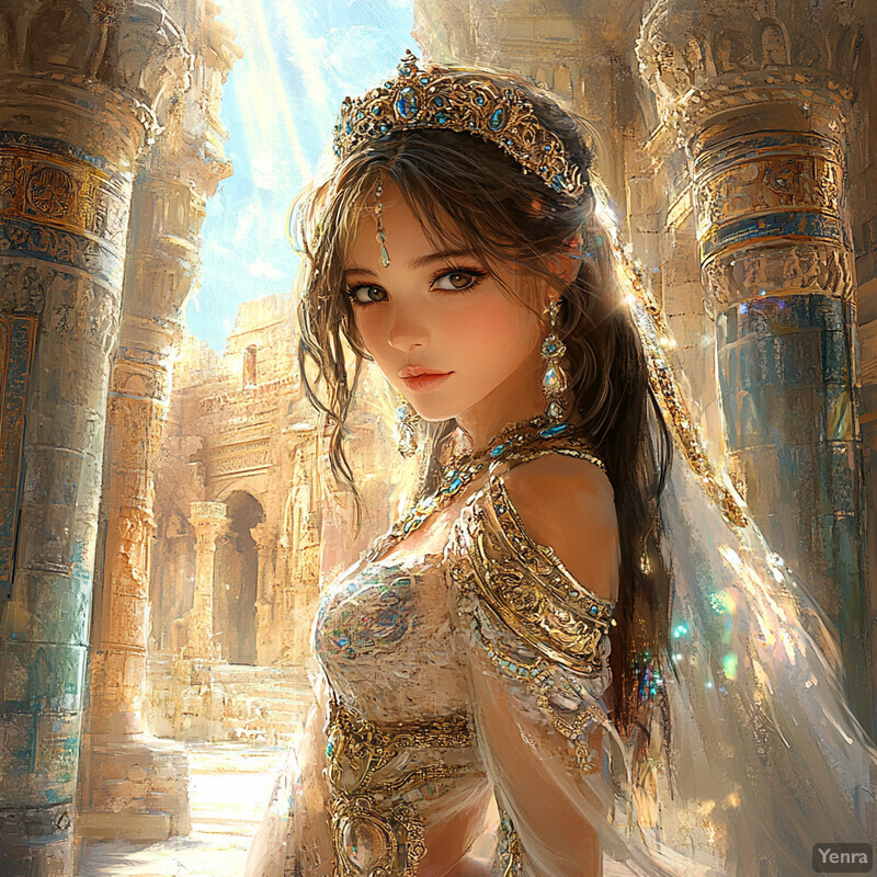 A woman stands confidently in an ancient structure with ornate architecture, adorned in a stunning gold dress and matching crown.