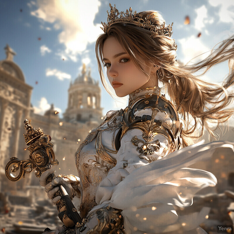 A woman in white and gold armor dress, holding a sword, set against a backdrop of a medieval-style castle.