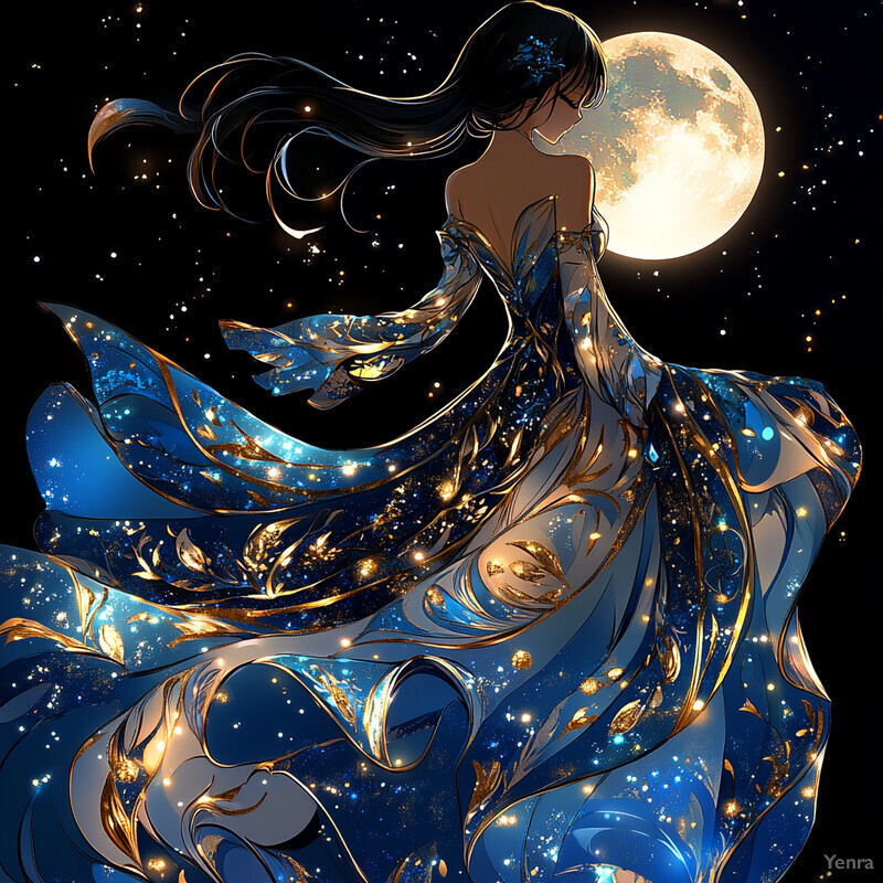 A woman gazes up at the moon in an outdoor setting, wearing a flowing blue dress with gold accents.