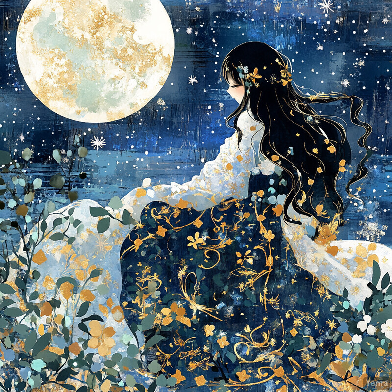 Ethereal illustration of a woman in front of a full moon