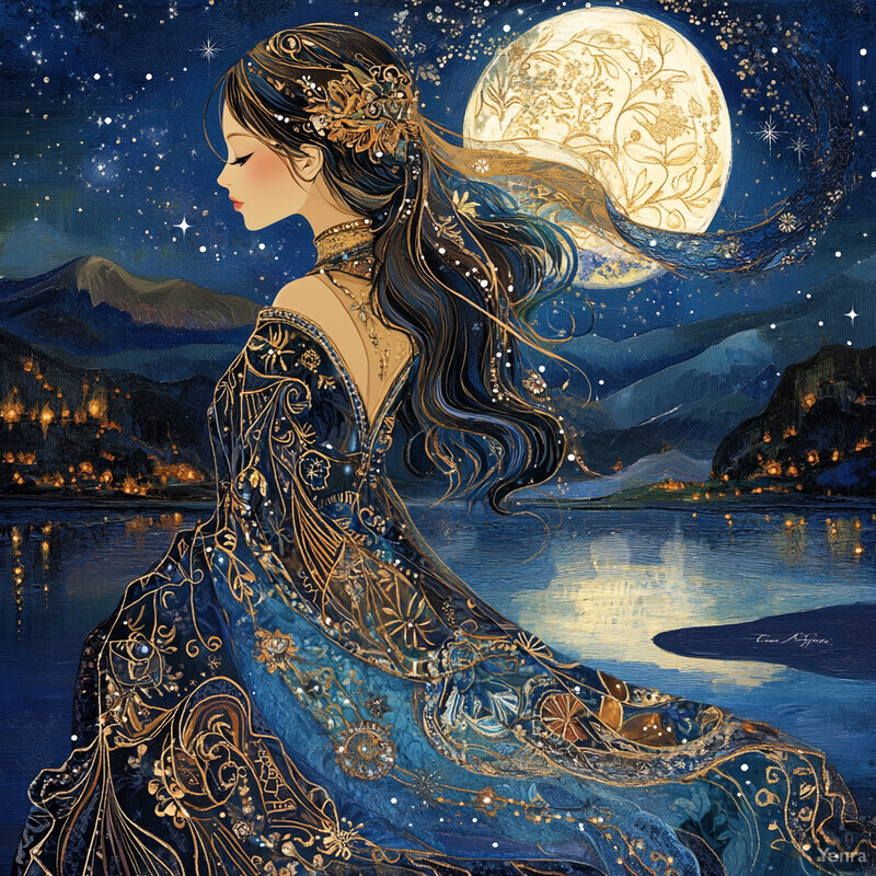 A serene and mystical scene of a woman standing in front of a mountain range at night, with a full moon shining brightly behind her