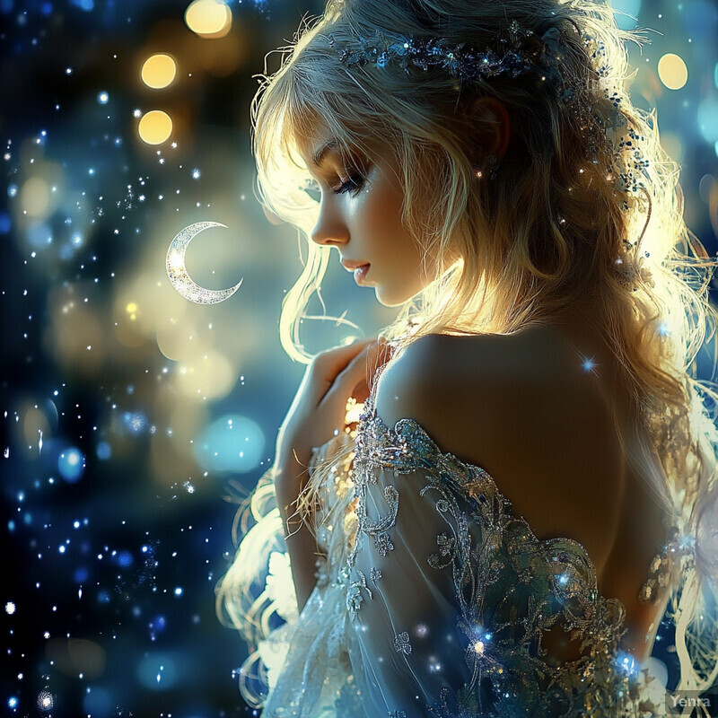 A serene and mystical scene featuring a woman with long blonde hair and a sparkling silver headband, dressed in a flowing white gown with intricate silver embroidery.