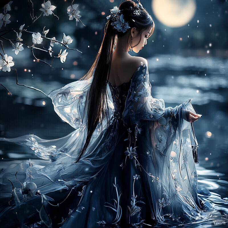 A serene and mystical scene of a woman standing in water under moonlight.