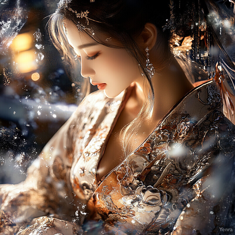 A serene and elegant portrait of an Asian woman in traditional attire, gazing downward with a sense of contemplation.