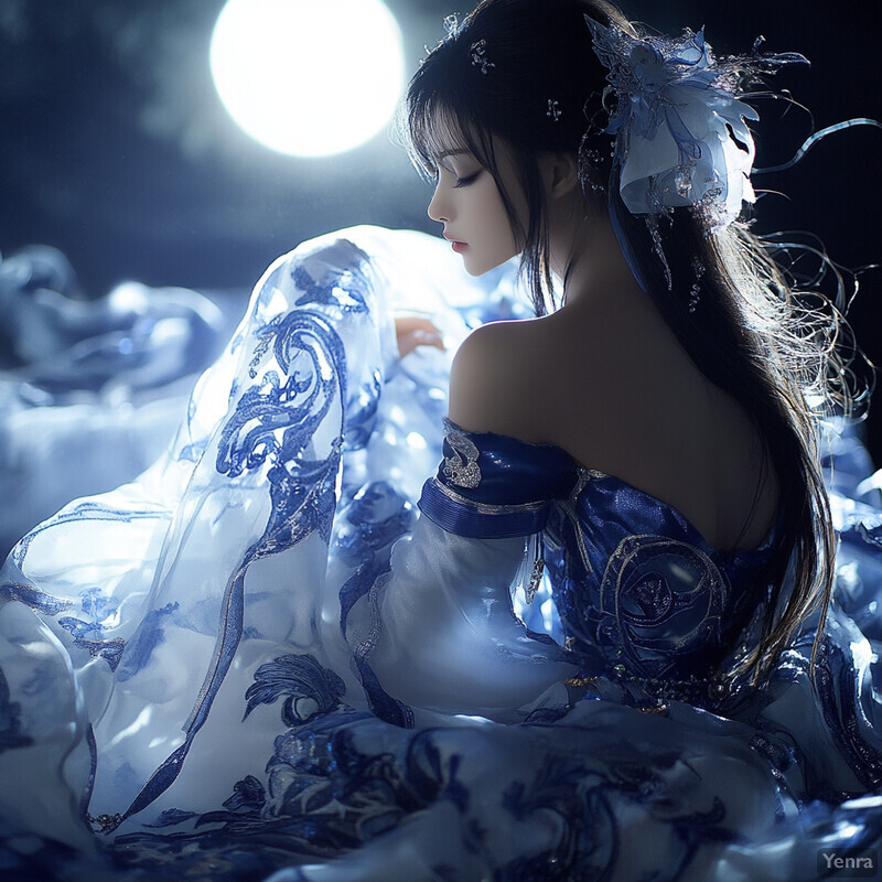 Woman in blue and white dress posing for photoshoot