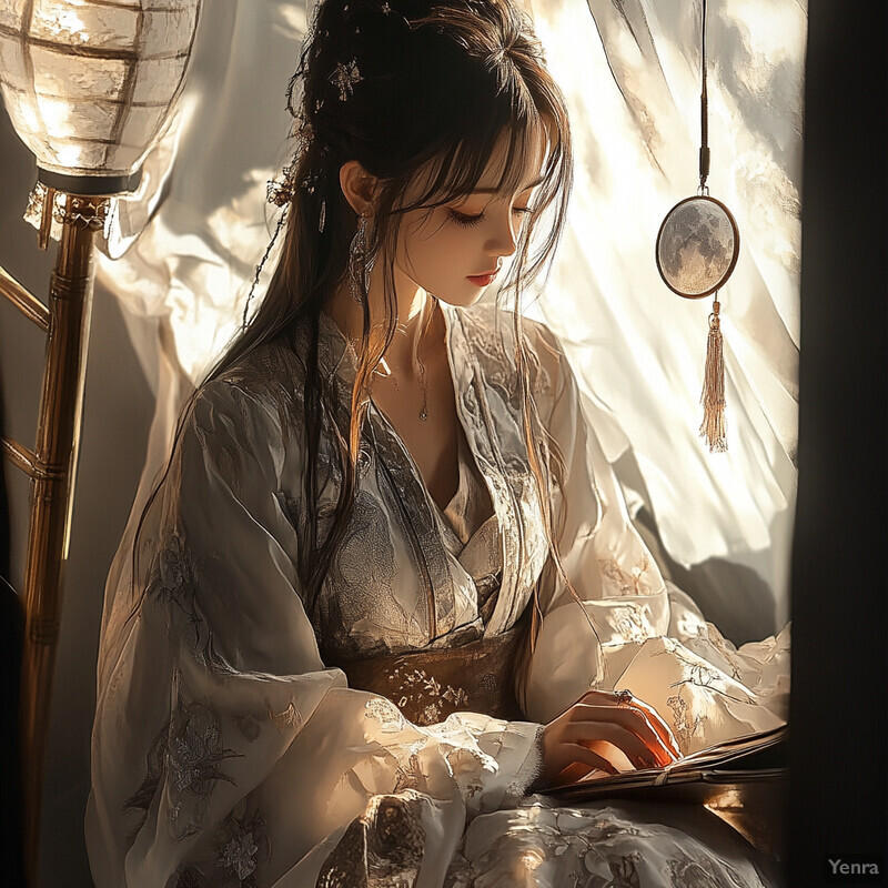 A woman sits by a window, surrounded by soft lighting and delicate objects, lost in thought or deep in contemplation.