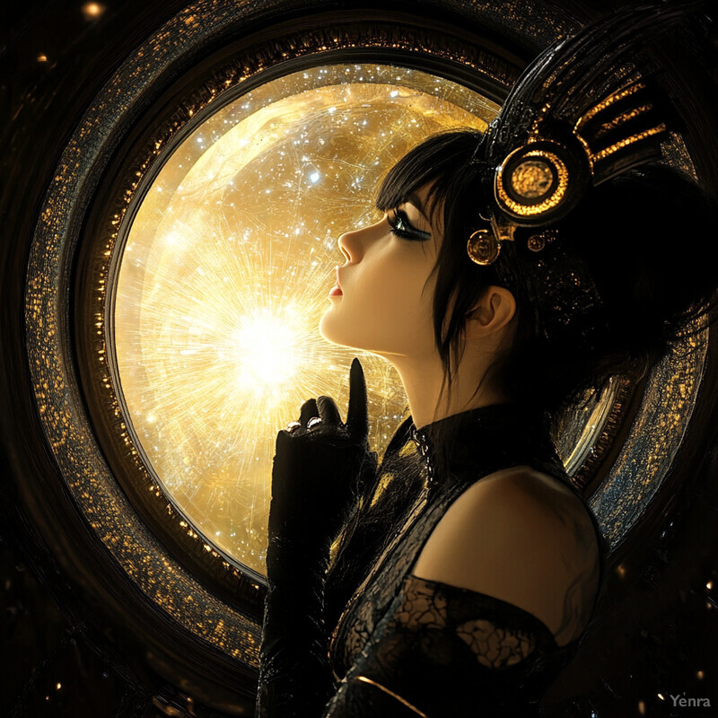 A mystical figure with long black hair and a headdress gazes upwards, surrounded by light and darkness.