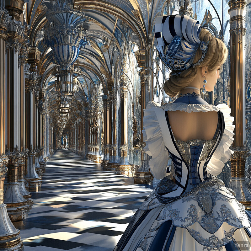 A woman in an ornate dress stands in a grand hallway