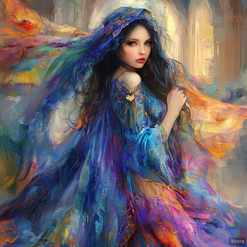 A serene portrait of a woman in a flowing blue dress, exuding calmness and tranquility.