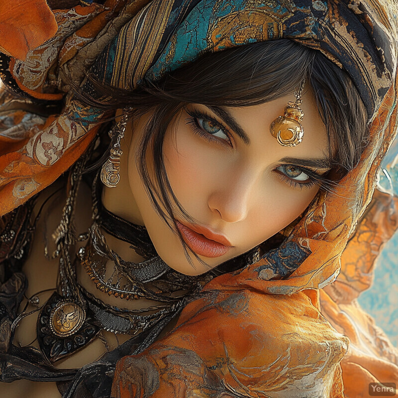 A captivating close-up portrait of a woman adorned in jewelry and headwear, exuding mystique.