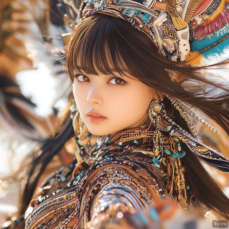 A young woman with dark hair and bangs wears an elaborate headdress and attire, likely for a performance or ceremony.