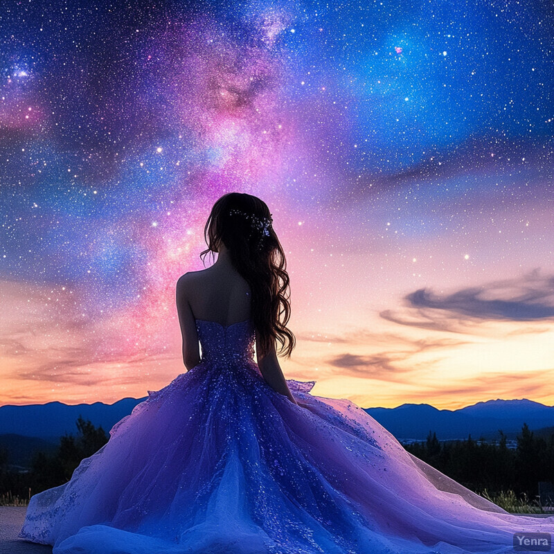 A woman in a purple ball gown gazes at a sunset over a lake, surrounded by trees and mountains.