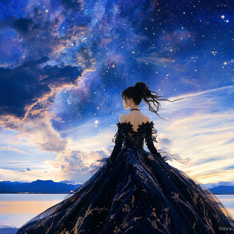 A woman stands against a backdrop of swirling purple clouds and stars, wearing a stunning black ball gown with gold accents.