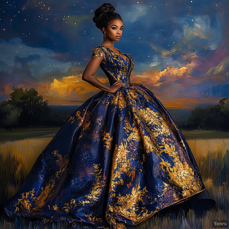 A woman stands in a serene field, surrounded by trees and a vibrant sky, wearing a stunning blue ballgown with golden patterns.