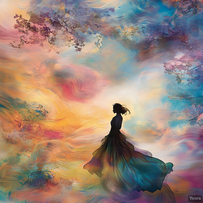 A woman stands amidst a vibrant, swirling background reminiscent of a nebula.