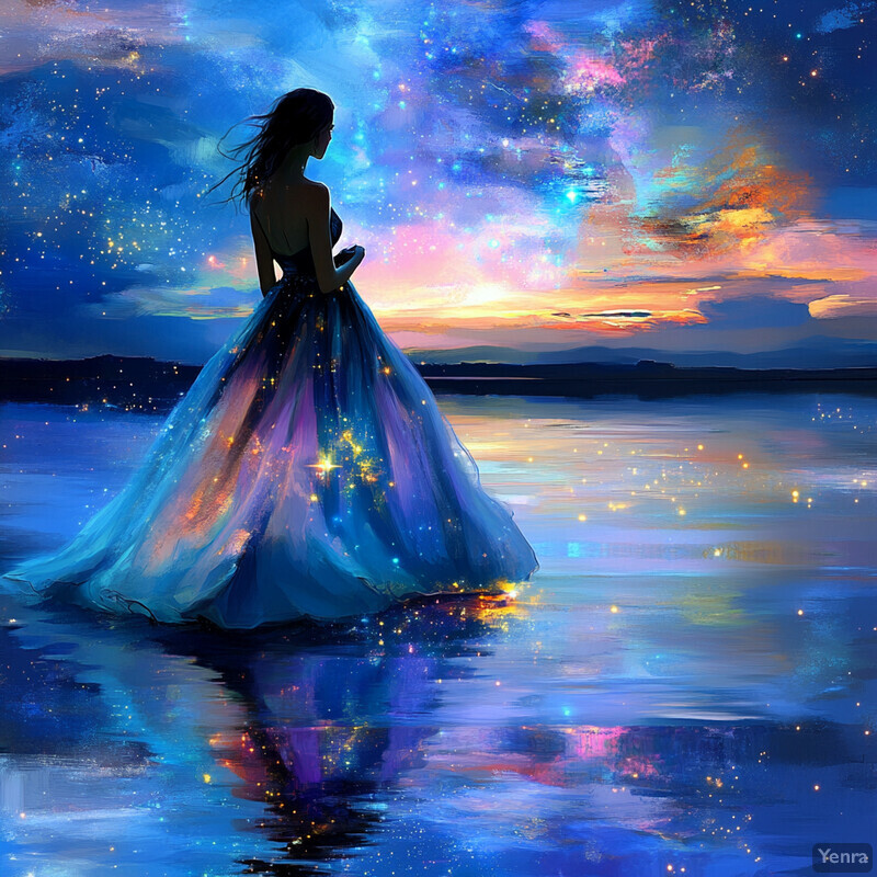 A woman in a flowing dress stands on a beach at sunset/sunrise, surrounded by a vibrant sky and shimmering threads.